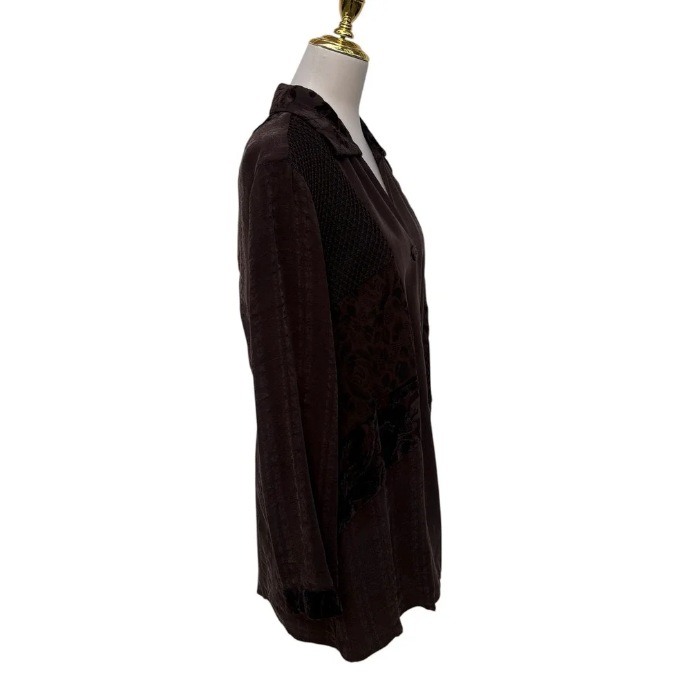 VTG 90s Neil David Patchwork Shirt M Brown Velvet Burnout Silk Blend Artsy Tunic - Picture 3 of 11